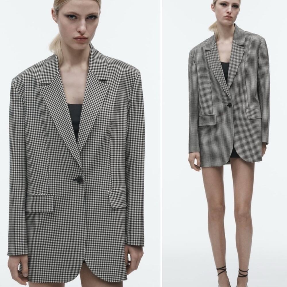 Zara Blazer Black and White Gingham Straight Cut Blazer - Picture 4 of 10
